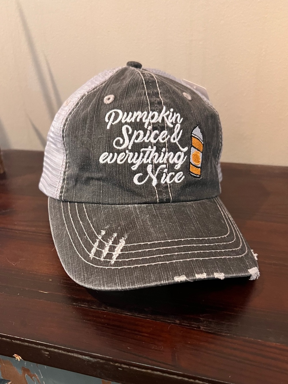 Pumpkin Spiced Everything Nice Distressed Trucker Hat NWT KatyDid
